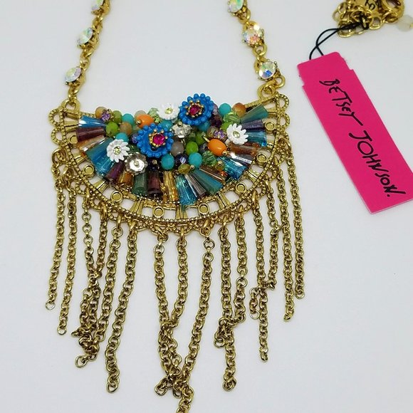 NWT RARE Betsey Johnson Weave & Sew Multi Woven Fringe Rhinestone Necklace - Picture 10 of 10